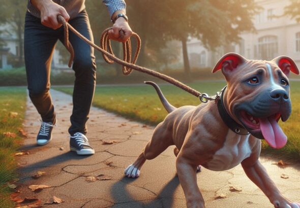 person struggling to control the pit bull puppy on a leash walking in the park