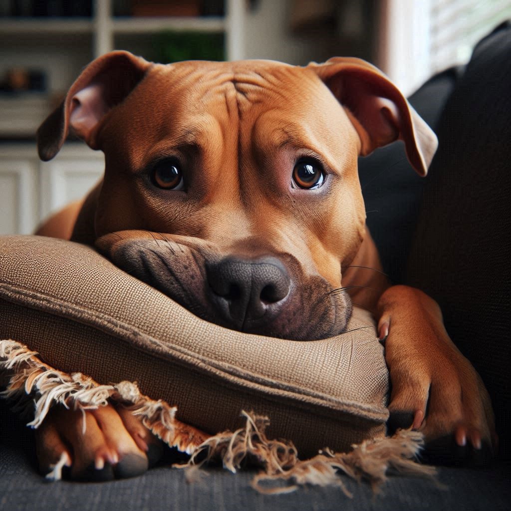 pit bull chewing on sofa cushions